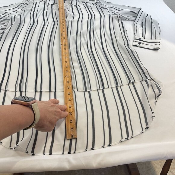 WHBM Women's Black with White Stripe Hi-Low Chiffon Button Front Shirt Sz 14 - Picture 9 of 10